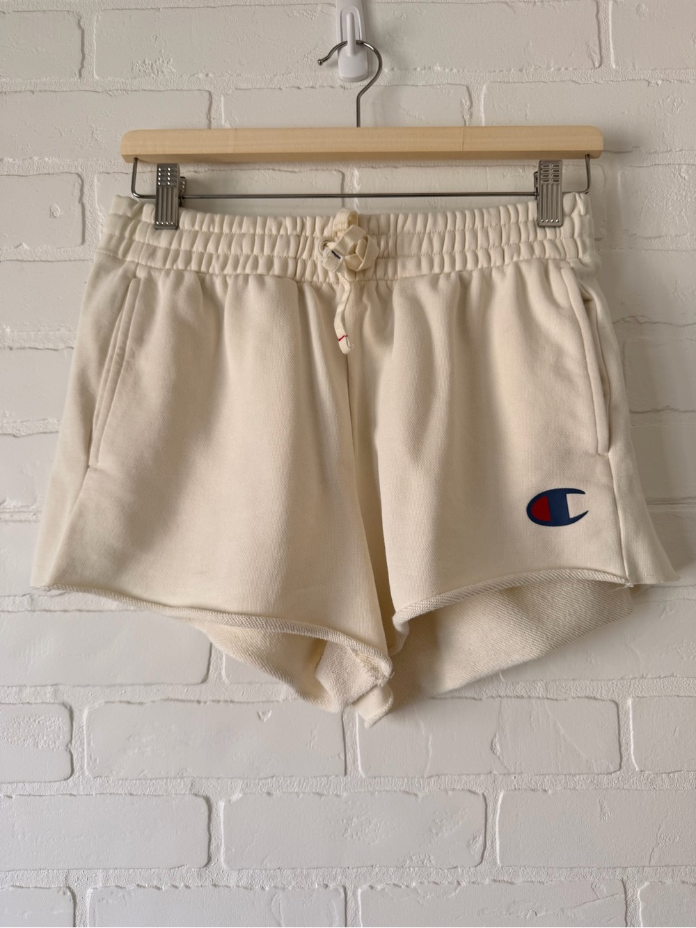 Champion Cream Terry Athletic Shorts with Logo, Size Small